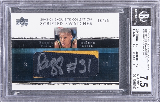 2003-04 UD "Exquisite Collection" Scripted Swatches #RM Reggie Miller Signed Game Used Patch Card (#18/25) – BGS NM+ 7.5/BGS 10